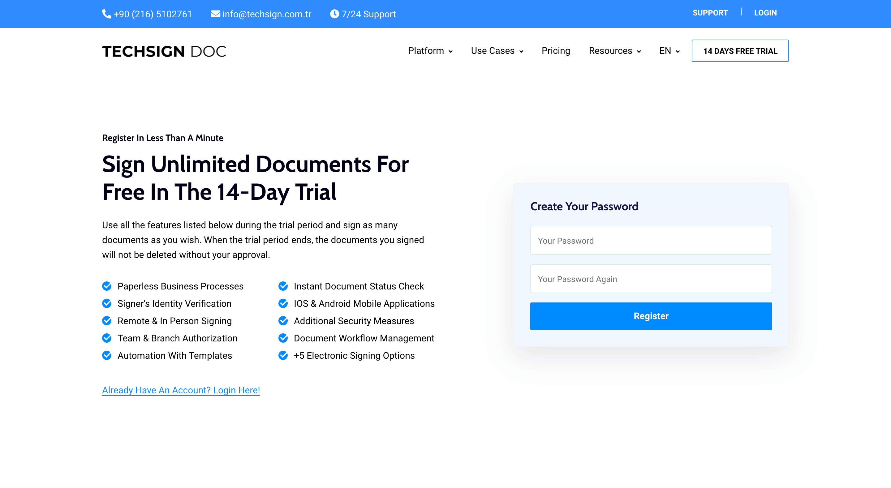 Techsign DOC şifre oluştur ve hesap sayfasını etkinleştir